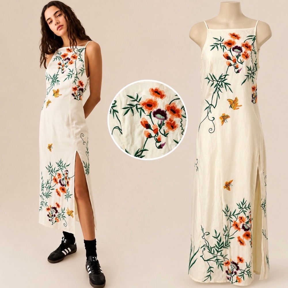 Urban Outfitters Floral Embroidered Midi Dress Ivory Side Slit Boho Indie Medium